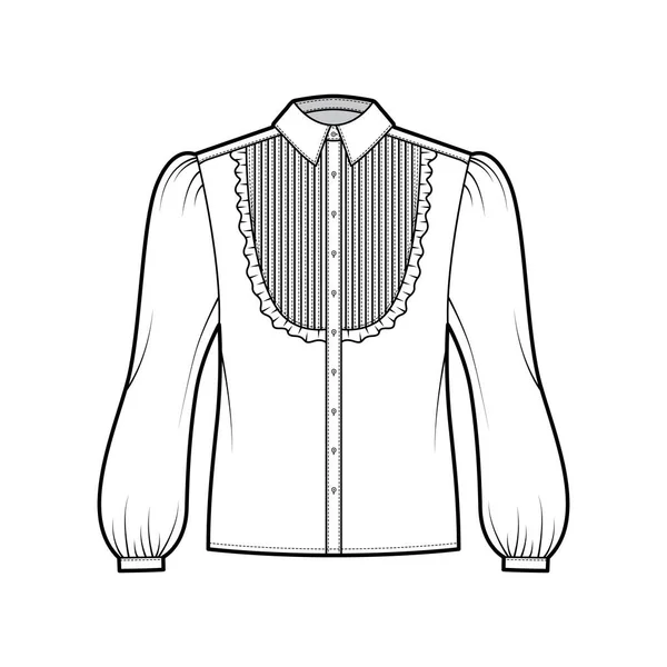 Blúz szmoking technikai divat illusztráció hosszú bouffant ujjú, klasszikus gallér, pintucked partedli, túlméretezett. Lapos — Stock Vector