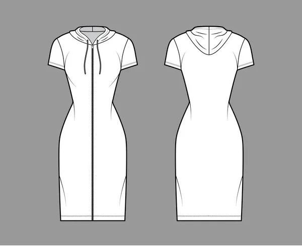Hoodie zip-up klänning teknisk mode illustration med korta ärmar, knä, mini längd, monterad kropp, Penna fullhet. — Stock vektor