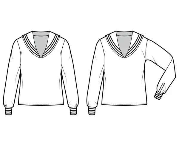 Conjunto de camisas middy marinero traje ilustración de moda técnica con mangas largas, longitud de la túnica, de gran tamaño. Ropa plana — Vector de stock
