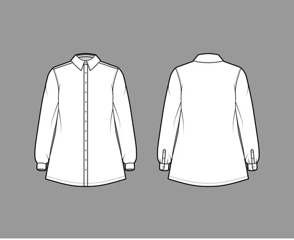 Рубашка трапеции техническая мода иллюстрация с локтем сложены длинные рукава с манжетами, классический обычный воротник, негабаритные — стоковый вектор