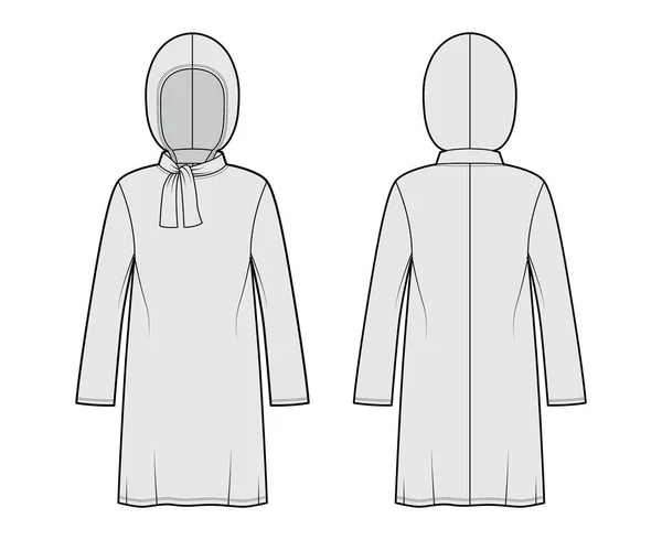 Bescheiden hijab tuniek technische mode illustratie met stropdas, lange mouwen, oversized, onder-de-knie lengte, kap kleding — Stockvector