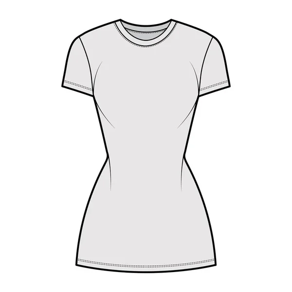 T-shirt dress technical fashion illustration with crew neck, short sleeves, mini length, slim fit, Pencil fullness. Flat — Stock Vector