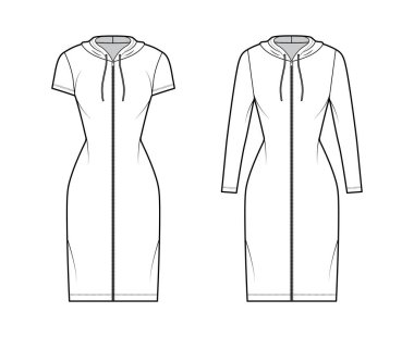 Kapüşonlu fermuarlı elbise uzun kollu, kısa kollu, dizli, mini uzunluklu, uyumlu, kalem dolgunluklu teknik tasvirler.