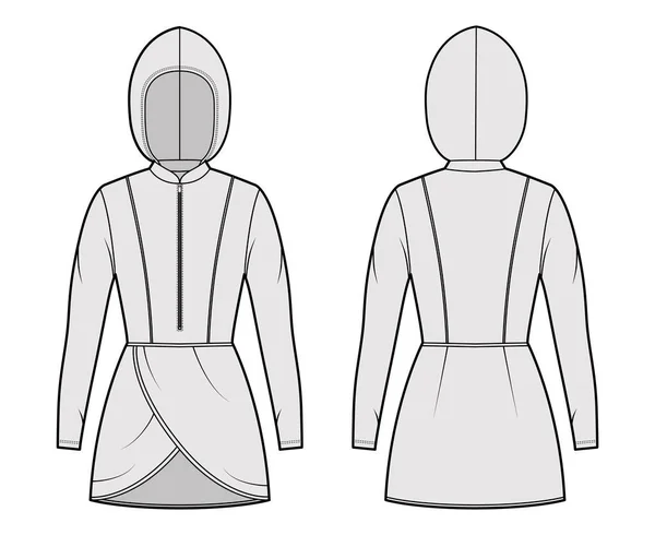 Skromny hidżab tunika moda techniczna ilustracja z zip henley szyi, długie rękawy, dopasowany korpus, płatki rąbek, kaptur. — Wektor stockowy