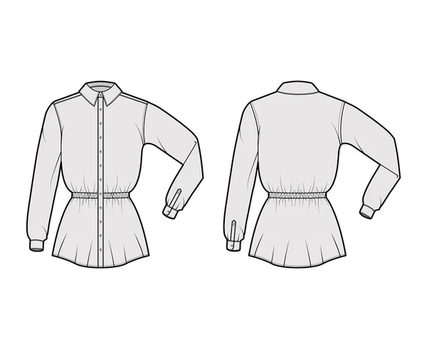 Camisa cordón cintura reunida técnica moda ilustración con mangas largas dobladas, longitud de la túnica, cuello clásico — Vector de stock