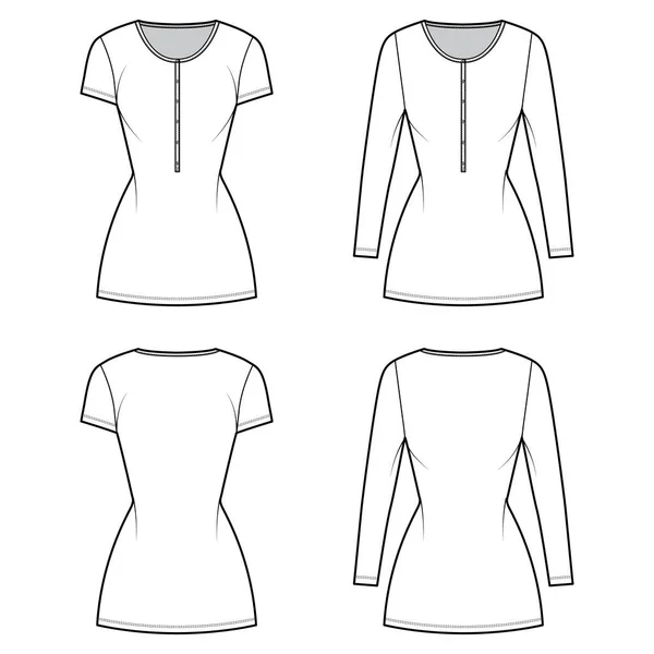 Conjunto de vestidos de camisa mini ilustración técnica de moda con cuello henley, manga corta, manga larga, cuerpo ajustado, jersey plano — Vector de stock