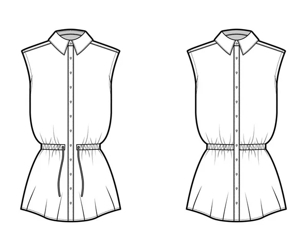 Conjunto de cordón de camisa cintura reunida ilustración técnica de moda con sin mangas, longitud de túnica, cuello clásico Flat — Vector de stock