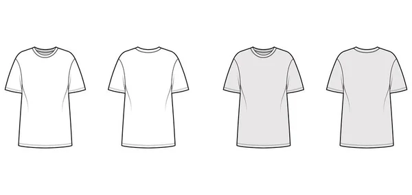 Tričko nadrozměrné technické módní ilustrace s krátkými rukávy, krk posádky, upuštěné rameno, protáhlý lem. Flat — Stockový vektor