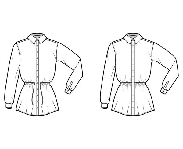 Set Hemd Kordelzug geraffte Taille technische Mode Illustration mit gefalteten Ärmeln, Tunika Länge, klassischer Kragen — Stockvektor