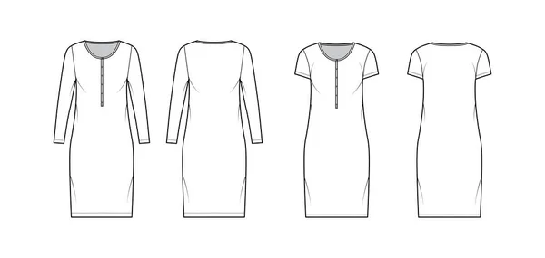 Σύνολο Shirt φορέματα τεχνική απεικόνιση της μόδας με λαιμό henley, μακριά, κοντά μανίκια, γόνατο μήκος, υπερμεγέθης σώμα — Διανυσματικό Αρχείο