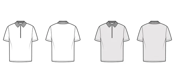 Tričko zip polo technické módní ilustrace s krátkými rukávy, délka tuniky, krk henley, nadrozměrný, plochý pletený límec — Stockový vektor