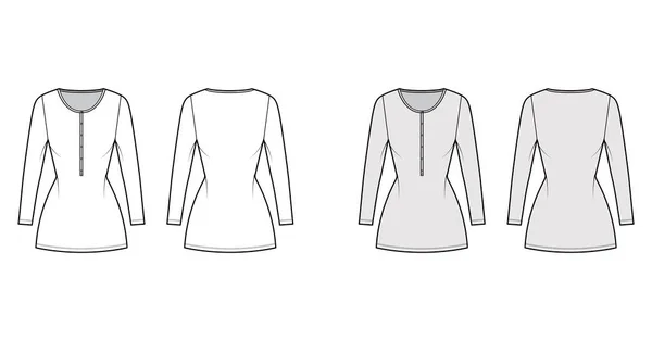 Vestido de camisa mini ilustración técnica de moda con cuello henley, mangas largas, cuerpo ajustado, plenitud de lápiz, estiramiento — Vector de stock