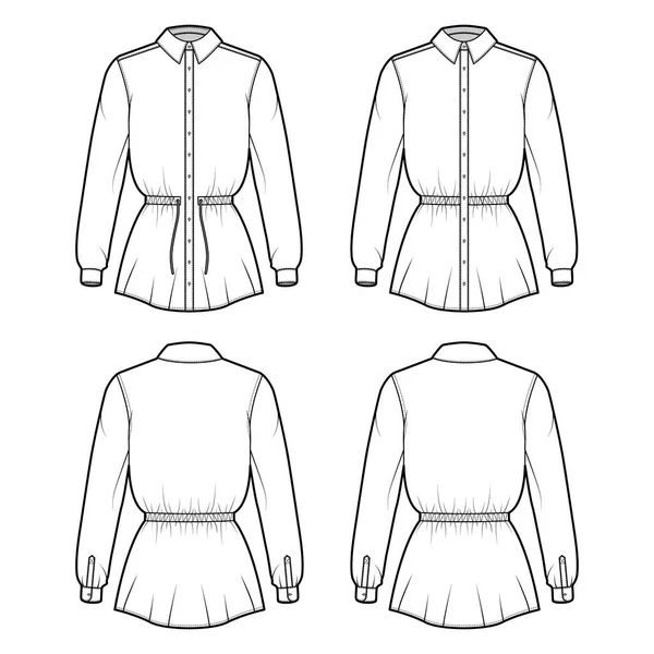 Conjunto de cordón de camisa cintura reunida ilustración técnica de moda con mangas largas, longitud de túnica, cuello clásico — Vector de stock