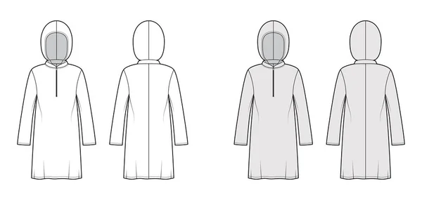 Bescheiden hijab tuniek technische mode illustratie met ritssluiting henley nek, lange mouwen, oversized, onder-de-knie lengte — Stockvector