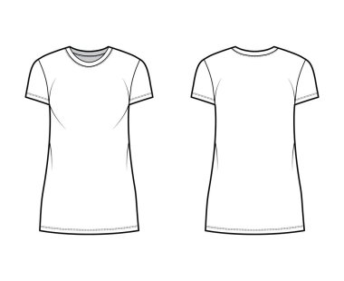T-shirt dress technical fashion illustration with crew neck, short sleeves, mini length, oversized, Pencil fullness Flat clipart