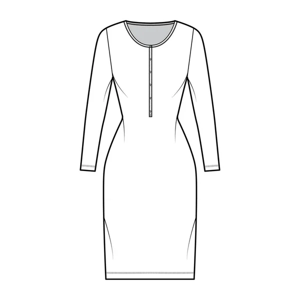 Camisa vestido técnico moda ilustração com henley pescoço, mangas compridas, comprimento do joelho, corpo equipado, Plenitude lápis. — Vetor de Stock