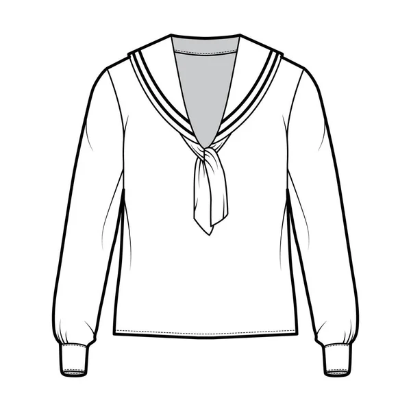 Chemise marine middy costume illustration de mode technique avec coude pli manches longues avec poignets, longueur de tunique, surdimensionné. — Image vectorielle