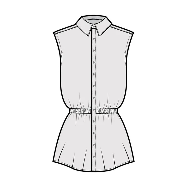 Shirt koord verzameld taille technische mode illustratie met mouwloze, tuniek lengte, klassieke kraag kleding — Stockvector