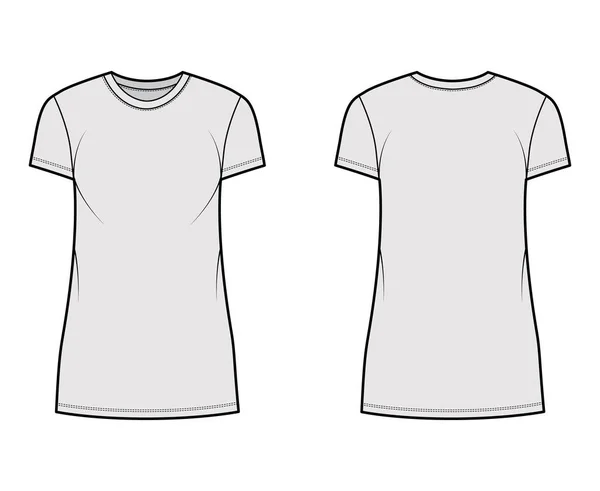 T-shirt robe illustration de mode technique avec col rond, manches courtes, mini longueur, surdimensionné, plénitude crayon Plat — Image vectorielle