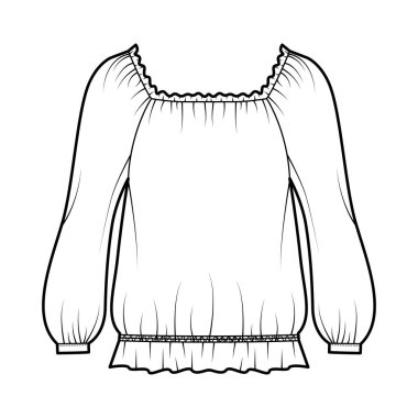 Kabarık uzun kollu köylü bluzu, teknik moda illüsü geniş kepçe ve kenar, büyük boy.