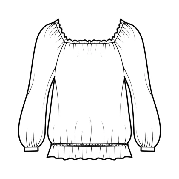 Boer blouse technische mode illustratie met bouffant lange mouwen, verzamelde brede primeur en zoom, oversized. — Stockvector