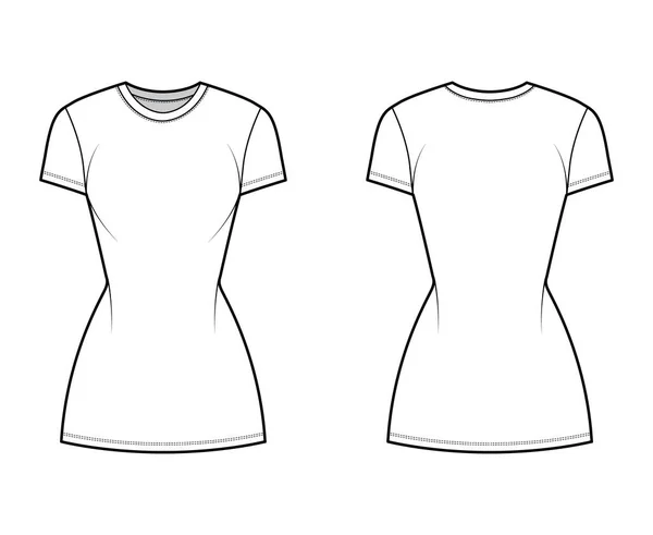 Tシャツは、クルーネック、半袖、ミニ長さ、スリムフィット、ペンシル膨満感と技術的なファッションイラストをドレスアップ。フラット — ストックベクタ
