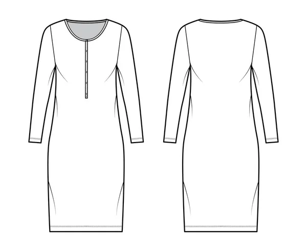Vestido de camisa ilustración técnica de moda con cuello henley, mangas largas, longitud de rodilla, sobredimensionado, plenitud de lápiz. Plano — Vector de stock