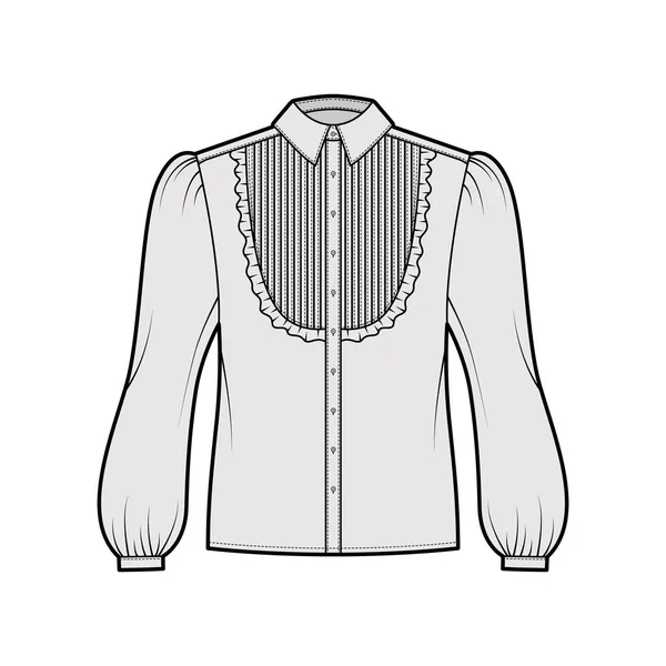 Blouse tuxedo technical fashion illustration with long bouffant sleeves, classic collar, pintucked bib, oversized. Flat — Stock Vector