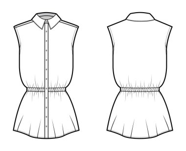 Gömlek askısı, kolsuz, tunik uzunluklu, klasik yaka giyimli bel ve teknik moda illüstrasyonunu topladı.