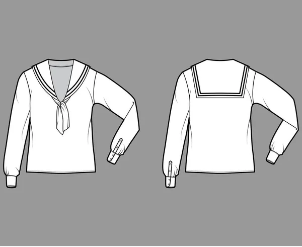 Сорочка середнього матроса технічна модна ілюстрація з бантом, довгі рукави з манжетою, довжина туніки, негабаритні. Плоский — стоковий вектор
