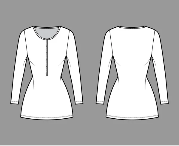 Vestido de camisa mini ilustración técnica de moda con cuello henley, mangas largas, cuerpo ajustado, plenitud de lápiz, estiramiento — Vector de stock