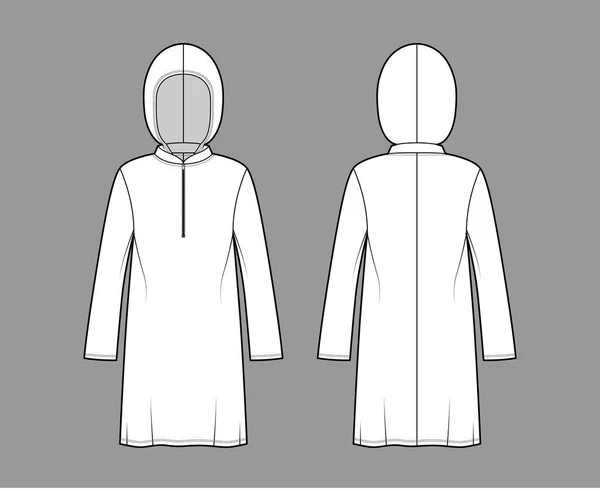 Modest hijab túnica técnica moda ilustração com zip henley pescoço, mangas compridas, oversized, sob o joelho comprimento — Vetor de Stock