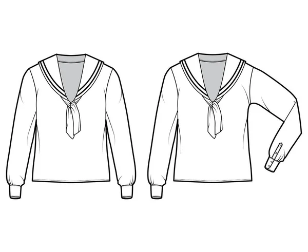 Conjunto de camisas middy marinero traje ilustración de moda técnica con mangas largas, longitud de la túnica, de gran tamaño. Ropa plana — Vector de stock