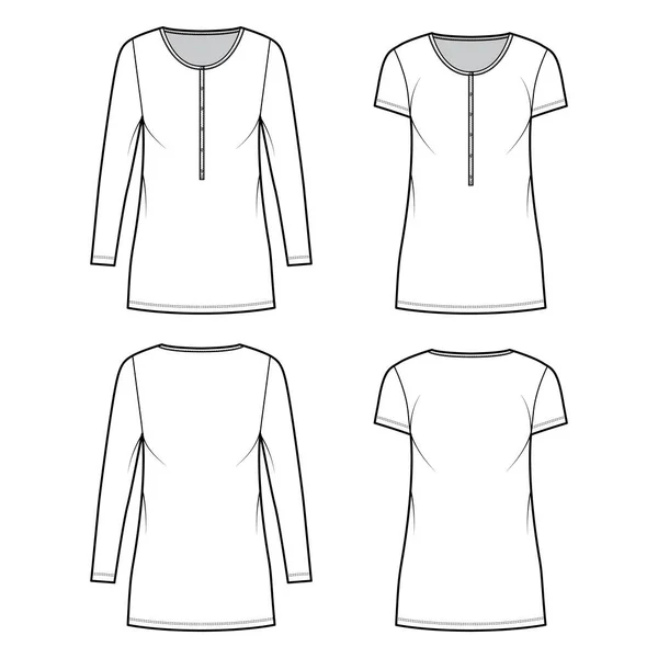 Zestaw sukienek koszulowych mini ilustracja moda techniczna z henley szyi, krótkie, długie rękawy, ponadgabarytowe body, rozciągnąć — Wektor stockowy