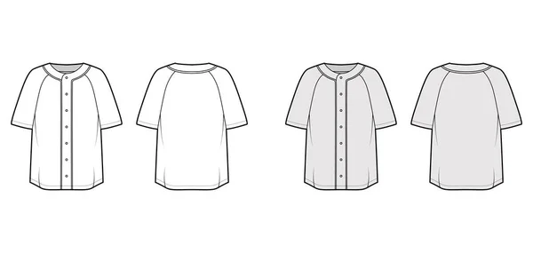 Camisa botão de beisebol frente técnica moda ilustração com mangas curtas raglan, botão para cima, oversized. Vestuário plano — Vetor de Stock