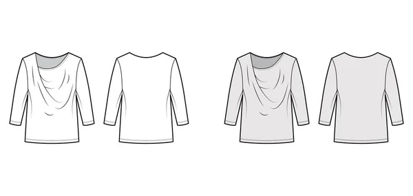 T-Shirt zasłonięte ilustracji technicznej mody z długimi rękawami, długość tuniki, przerośnięte. Odzież bluzka top bielizna — Wektor stockowy