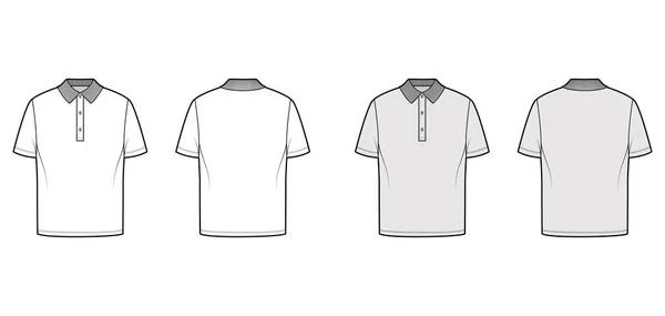 Tričko polo technické módní ilustrace s krátkými rukávy, délka tuniky, krk henley, nadrozměrný, plochý pletený límec — Stockový vektor
