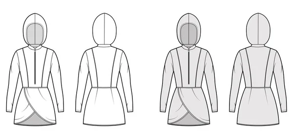 Modest hijab túnica técnica moda ilustração com zip henley pescoço, mangas compridas, corpo equipado, bainha pétalas, capuz. — Vetor de Stock