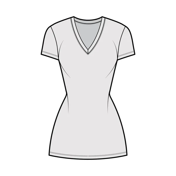 T-Shirt-Kleid technische Modeillustration mit V-Ausschnitt, kurzen Ärmeln, Minilänge, tailliertem Körper, Fülle des Bleistifts. Flach — Stockvektor