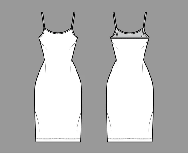 Camisole ruha technikai divat illusztráció kanál nyak, szíjak, térd hossza, felszerelt test, ceruza teljesség. Lapos — Stock Vector