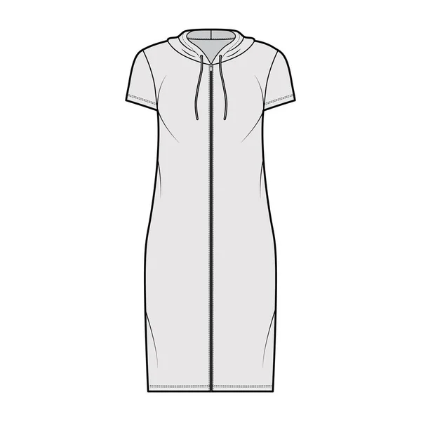 Hoodie zip-up jurk technische mode illustratie met korte mouwen, knie lengte, oversized lichaam, Potlood volheid. — Stockvector