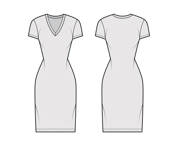 T-shirt vestido técnico de moda ilustração com decote em V, mangas curtas, comprimento do joelho, corpo equipado, plenitude Lápis. Plano — Vetor de Stock