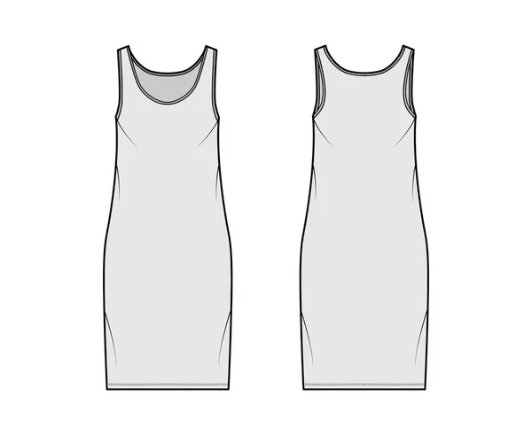 Tank šaty technické módní ilustrace s lopatkou krku, popruhy, délka kolena, nadrozměrné tělo, plnost tužky. Flat — Stockový vektor