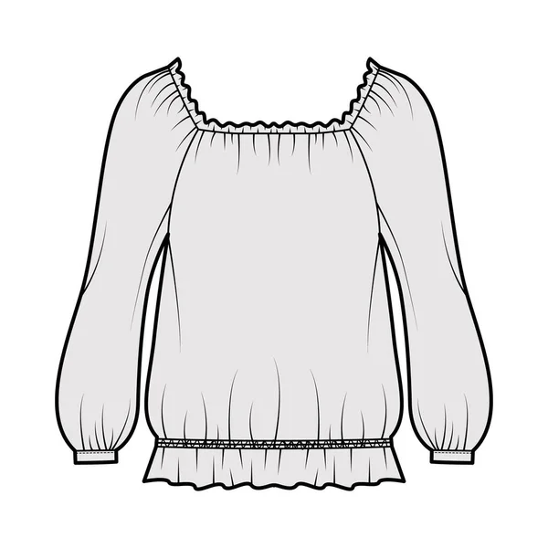 Boer blouse technische mode illustratie met bouffant lange mouwen, verzamelde brede primeur en zoom, oversized. — Stockvector