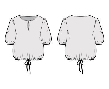 Bluz, kepçe yakalı, dirsek kollu, / / düğmeli, büyük boyutlu, çizgili teknik moda illüstrasyonu.