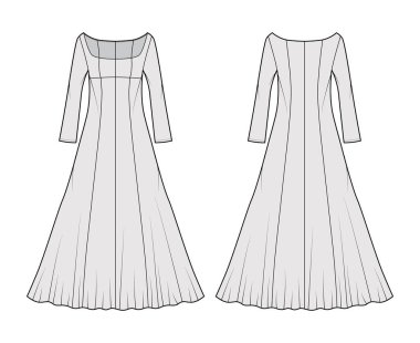 Elbise gecesi teknik tasviri kepçe yaka, maksimum zemin uzunluğu, uygun vücut, dairesel doluluk.