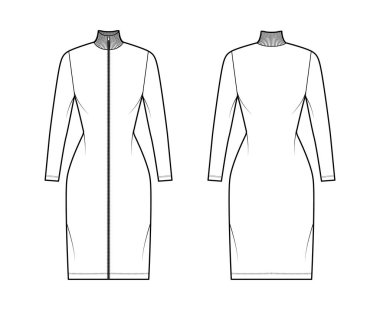 Balıkçı yaka, fermuarlı elbise, uzun kollu, diz boyu, vücuduna uygun düz kalem dolgunluğu olan teknik moda çizimi.