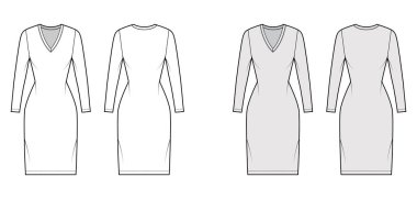 T-shirt, V yakalı, uzun kollu, diz boyu, vücuduna uygun, kalem dolgunluğu olan teknik moda illüstrasyonu. Düz