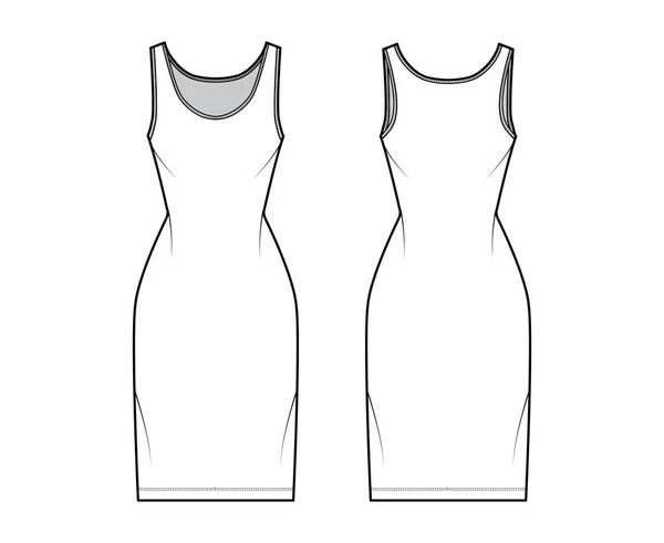 Tank jurk technische mode illustratie met primeur nek, riemen, knie lengte, gemonteerd lichaam, Potlood volheid. Vlak — Stockvector
