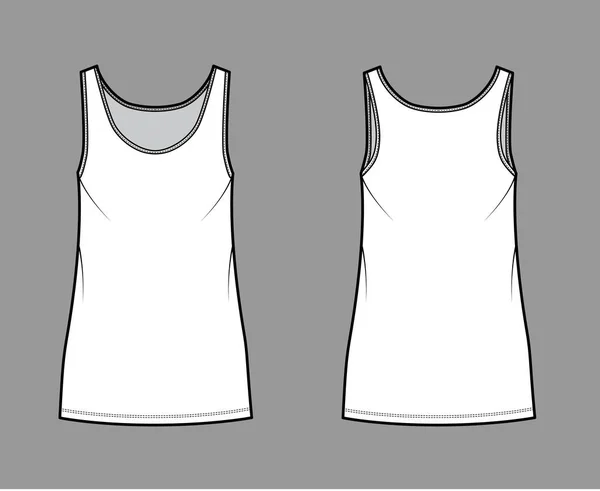 Tanque vestido técnico de moda ilustração com colher pescoço, tiras, mini comprimento, corpo de grandes dimensões, plenitude lápis. Plano —  Vetores de Stock